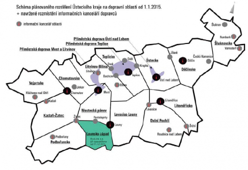 Schéma plánovaného rozdělení Ústeckého kraje na dopravní oblasti od roku 2015 | Zdroj: Listy Ústeckého kraje - ročník 12, únor 2013